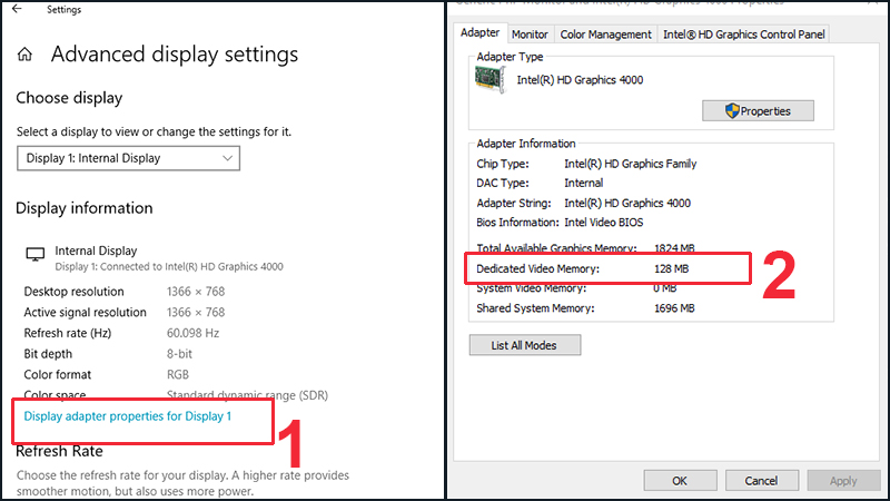 Xem mục Dedicated Video Memory để biết dung lượng VRAM thứ nhất trong máy tính của bạn